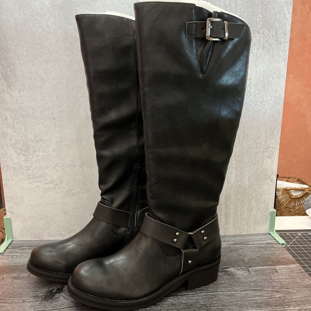 Very Volatile Black Tall Riding Boots with Buckle Detail